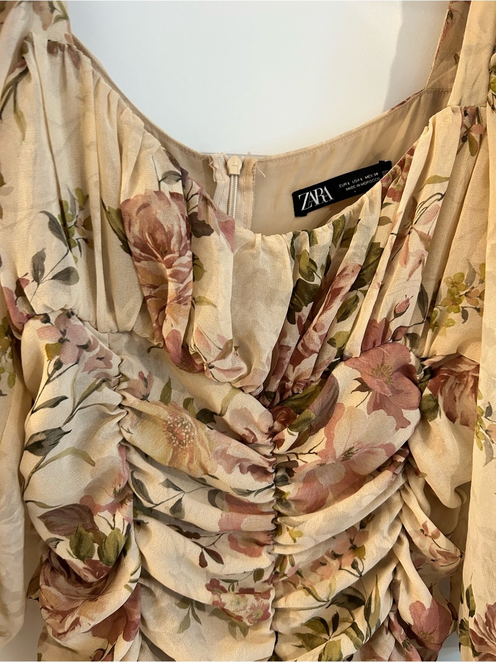 Zara Zimmerman Floral Ruched Dress Tan Pink Size L - Picture 5 of 14